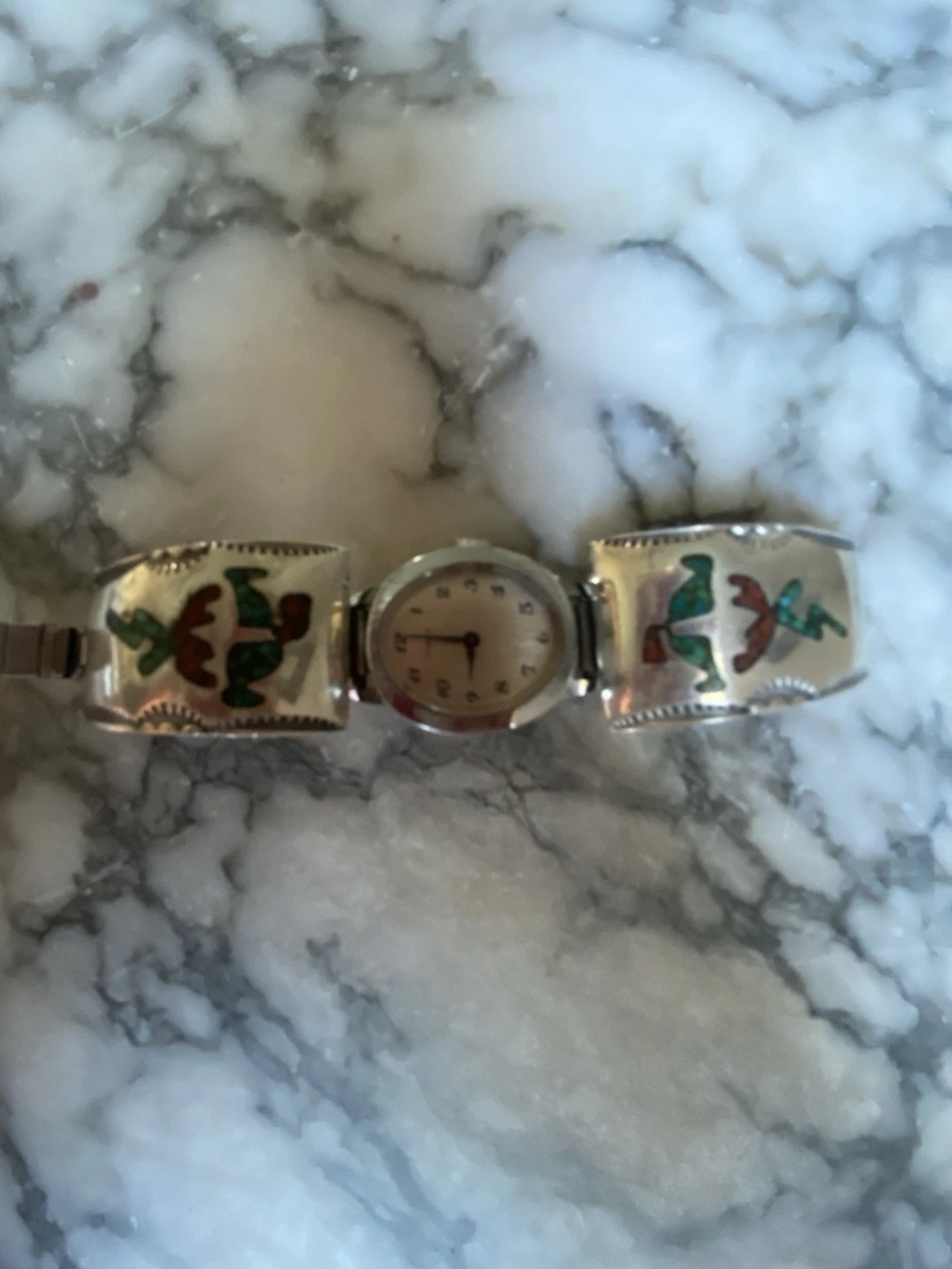 Sterling Silver Vintage Inlay Turquoise and Red Coral Women's Watch Bracelet.